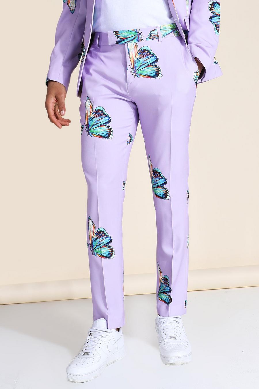 Purple Skinny Butterfly Print Suit Pants image number 1