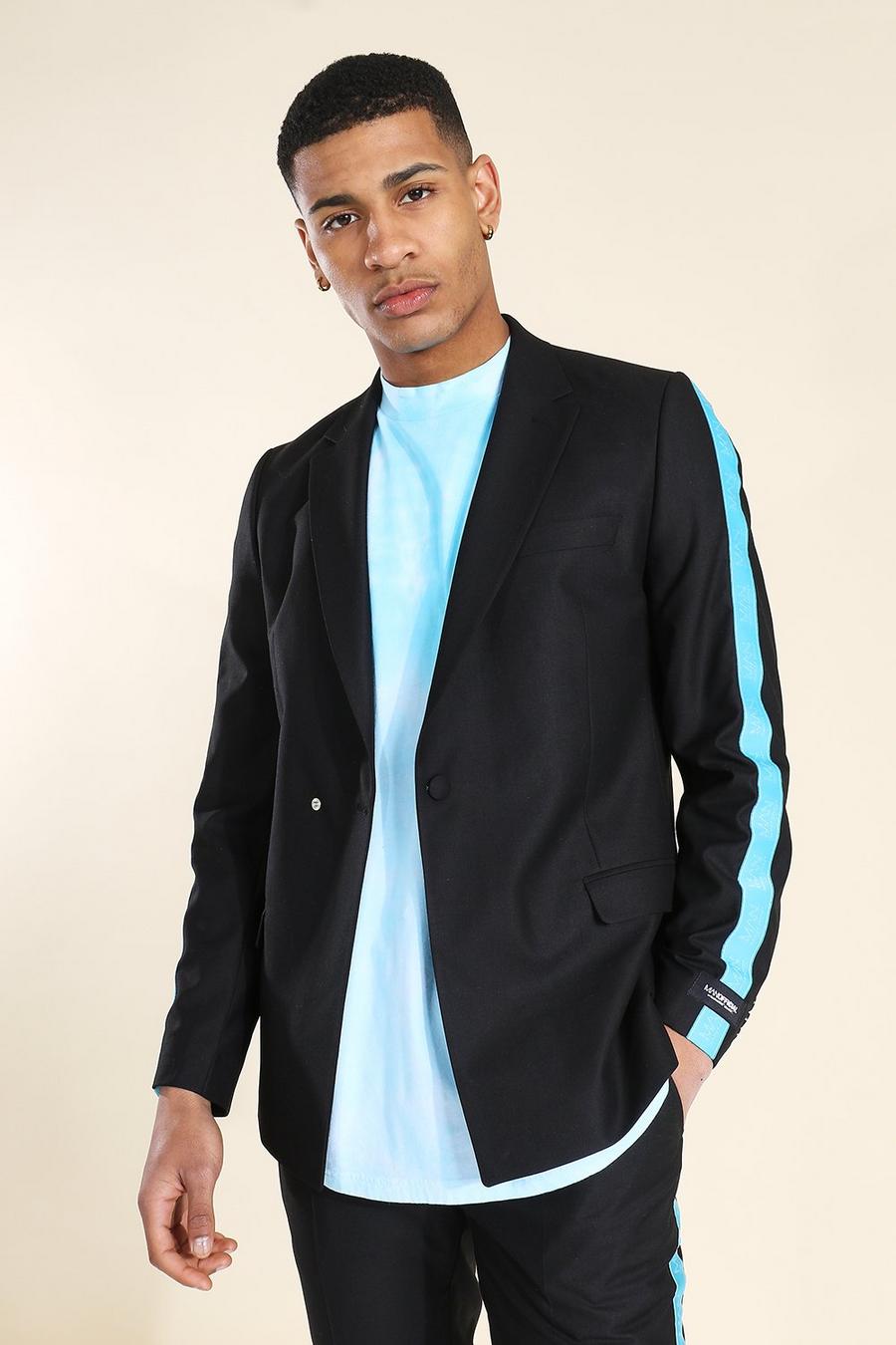 שחור ז'קט חליפה סקיני עם דשים כפולים ופס image number 1
