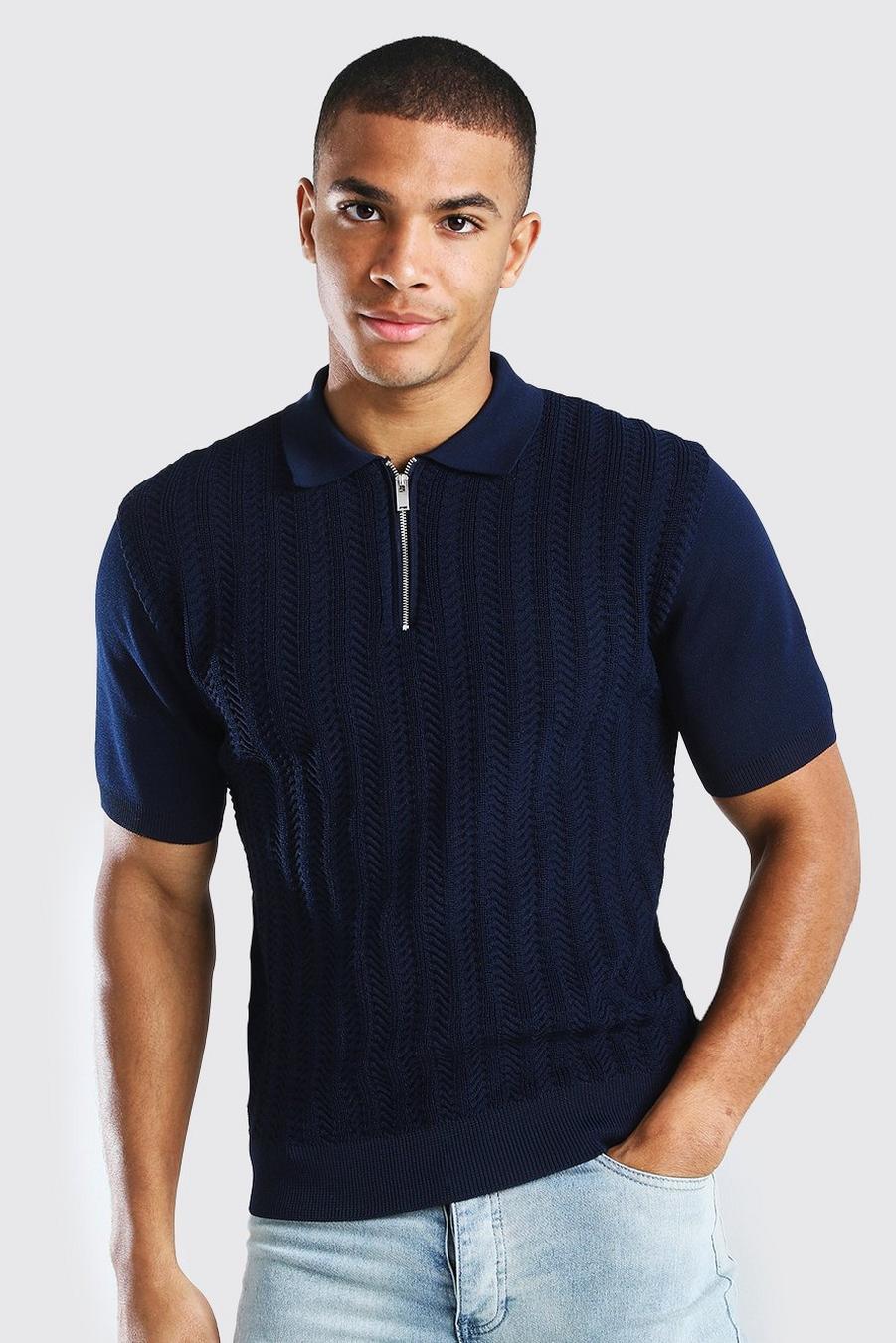 Navy Textured Smart Half Zip Muscle Fit Knitted Polo image number 1