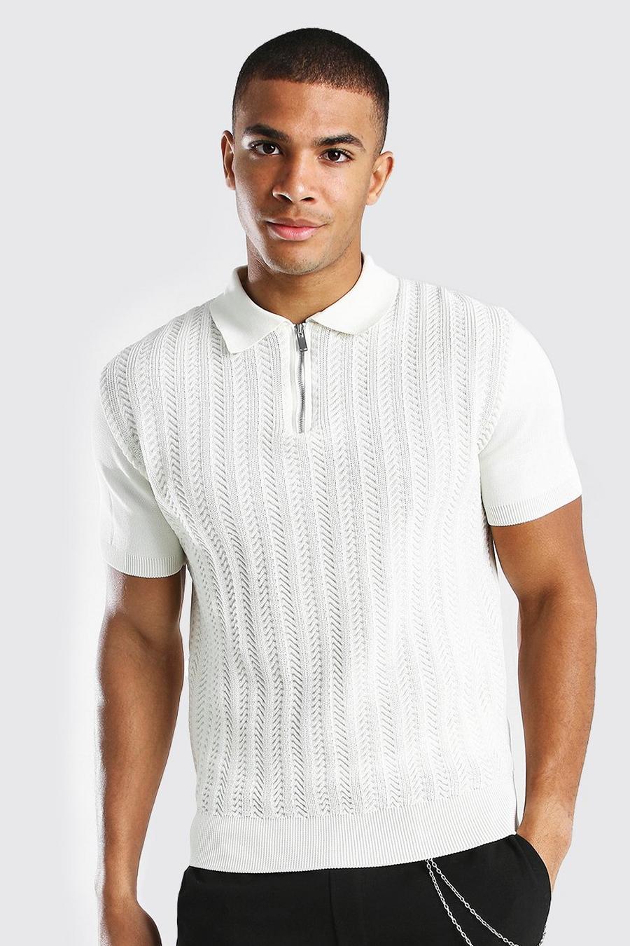 Strukturiertes, smartes Poloshirt aus Strick mit halbem Reißverschluss, Creme image number 1