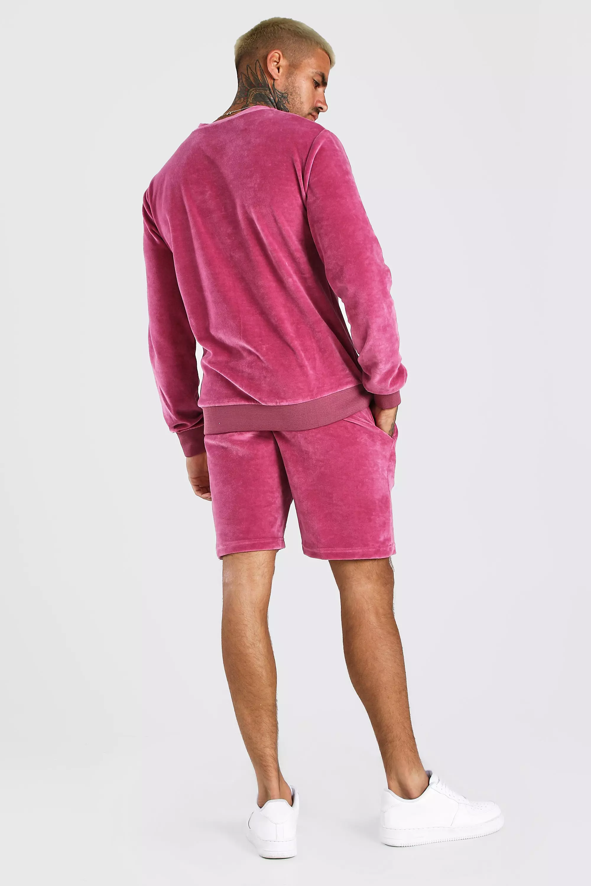 Pink velour shorts discount tracksuit