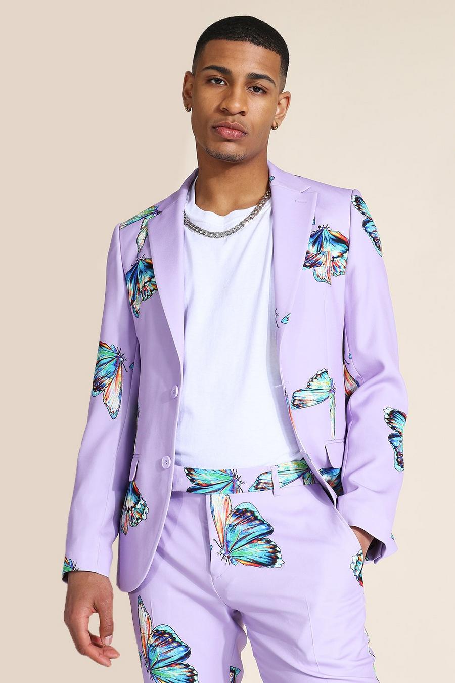 Einreihige Skinny Fit Anzugjacke mit Schmetterlings-Print , Violett image number 1