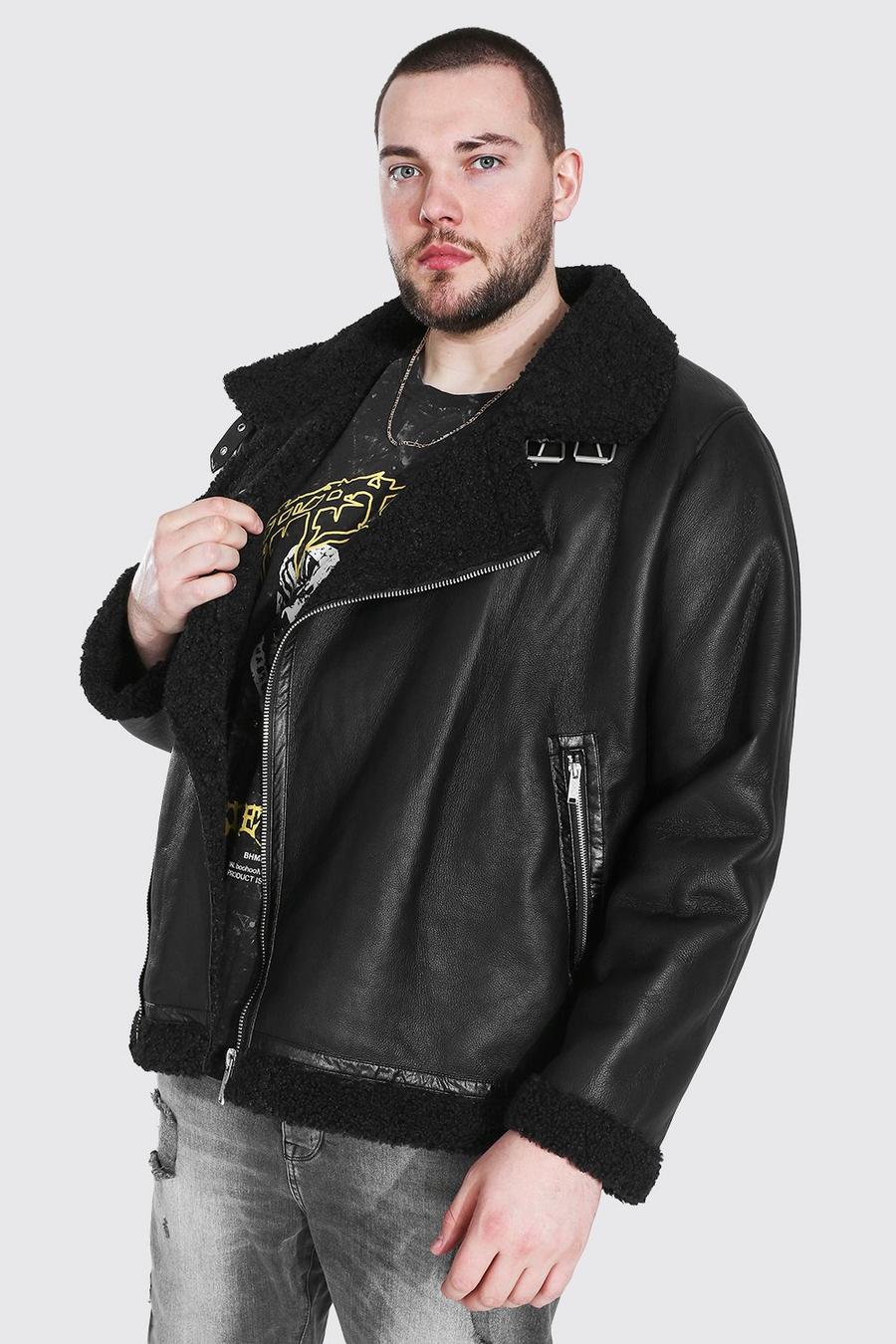 Black Plus Size Faux Leather Borg Collar Aviator Jacket image number 1