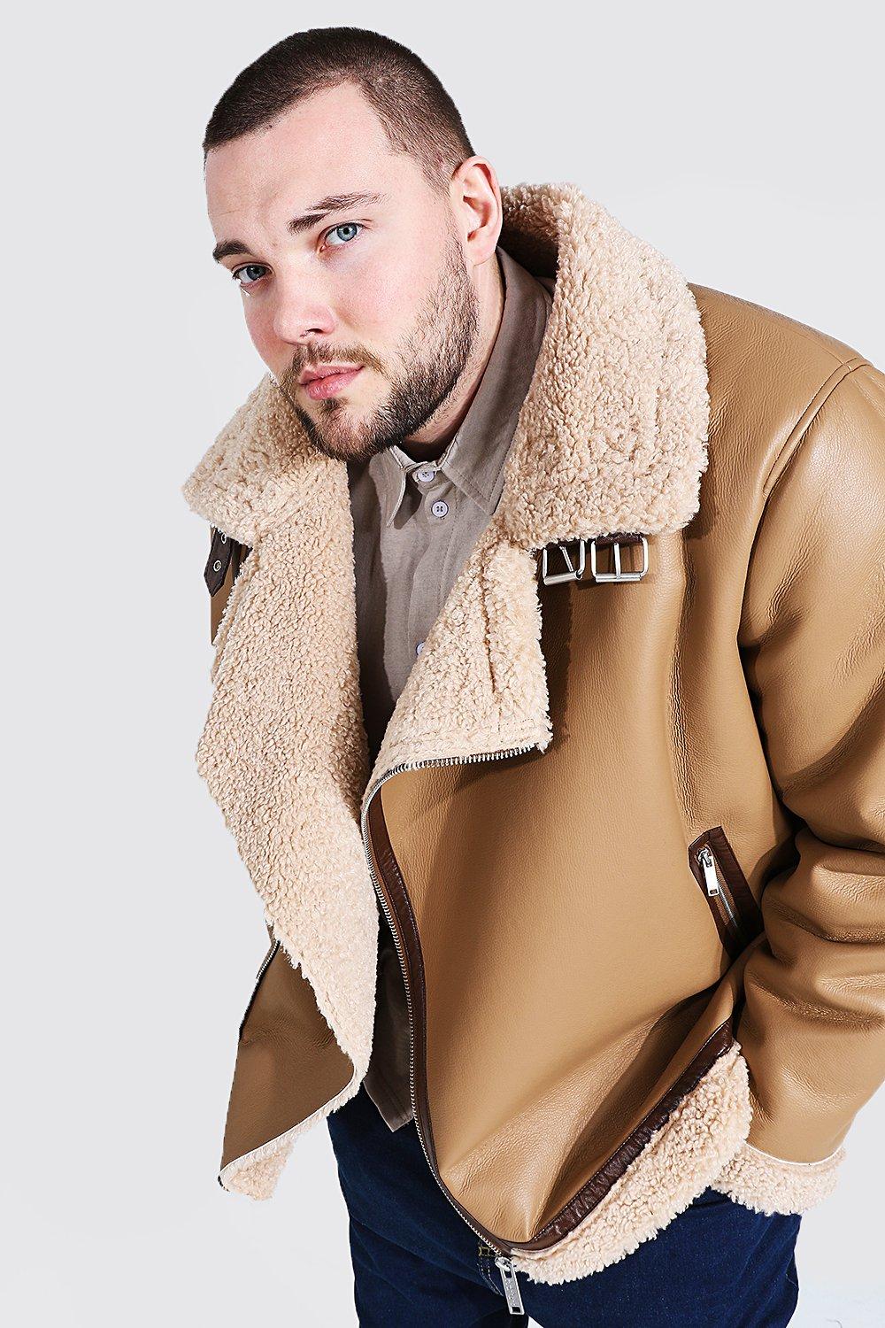 Plus Size Leather Look Borg Collar Aviator boohoo UK