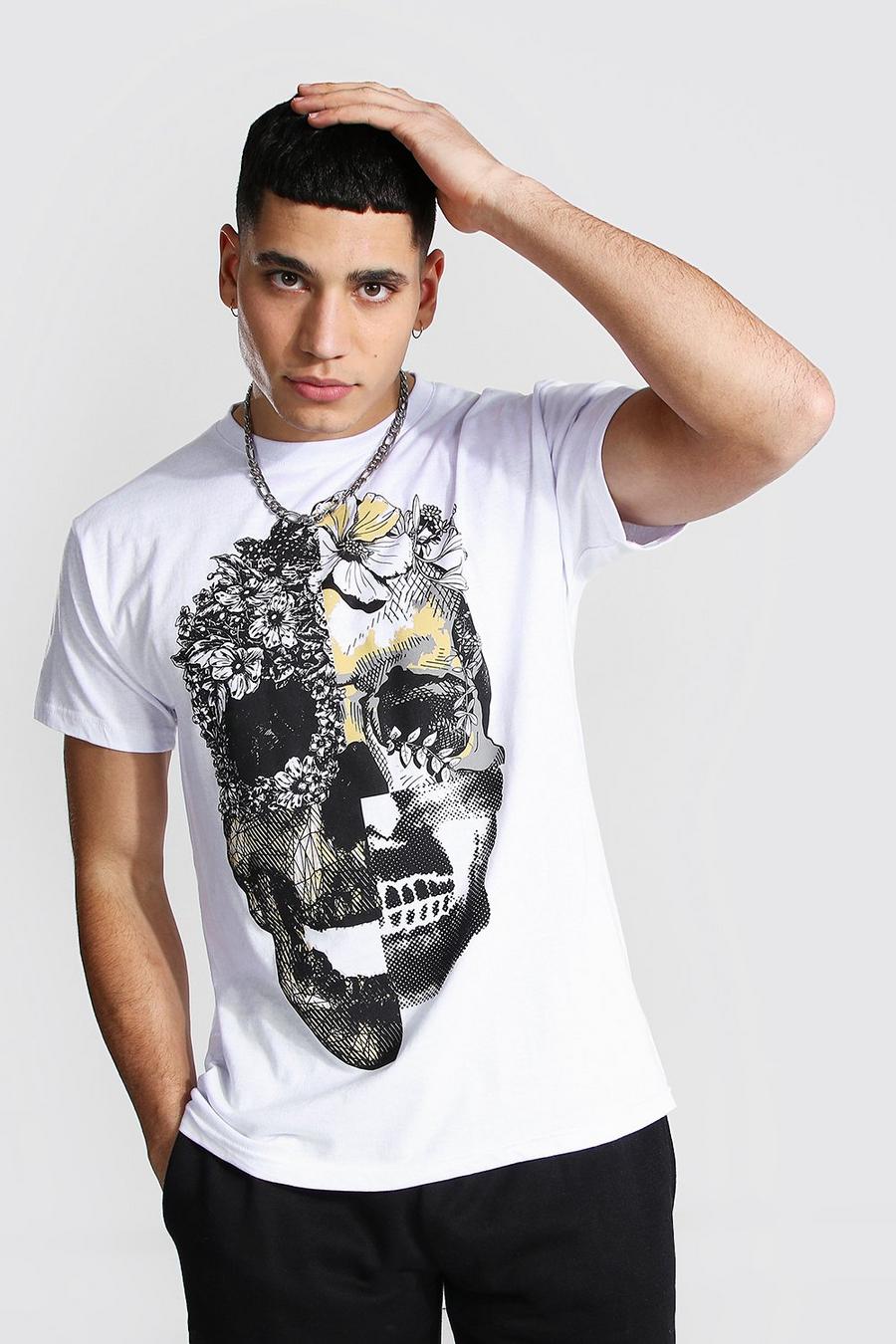 T-shirt con stampa di teschio con motivi floreali, Bianco image number 1