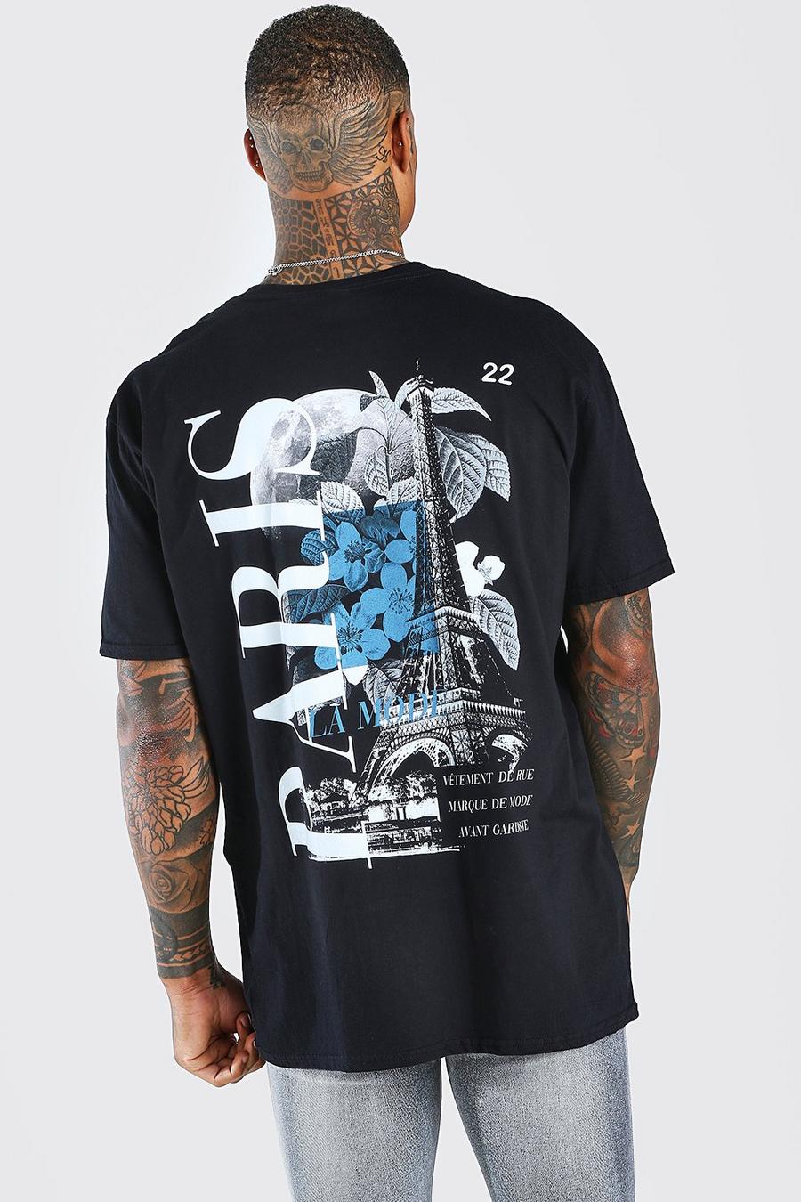 Zwart Oversized Paris T-Shirt Met Rugopdruk image number 1