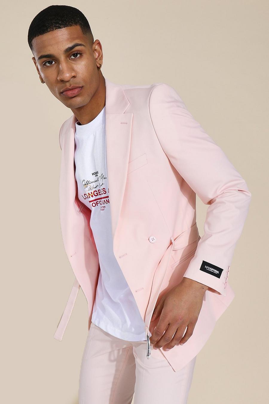 Pink Skinny Belted Double Breasted Suit Jacket image number 1