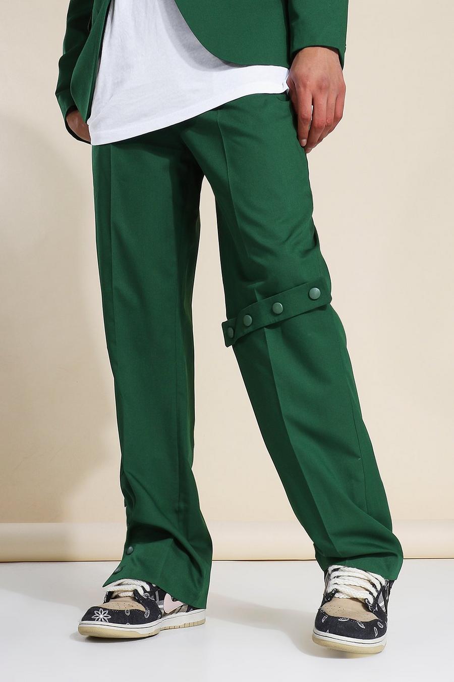 Pantalón de traje de corte holgado con botones, Verde oscuro image number 1