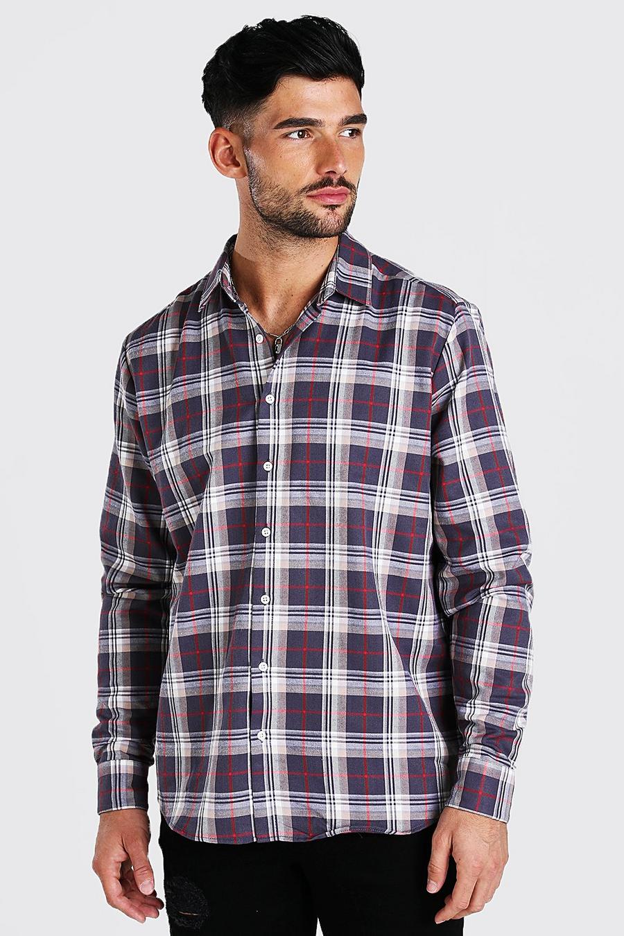 Charcoal Långärmad oversize rutig skjorta med borstad yta image number 1