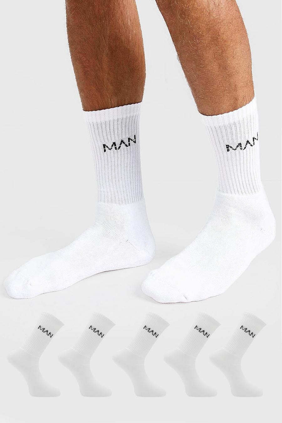 Confezione da 5 paia di calzini sportivi tinta unita con logo MAN con linea, Bianco image number 1