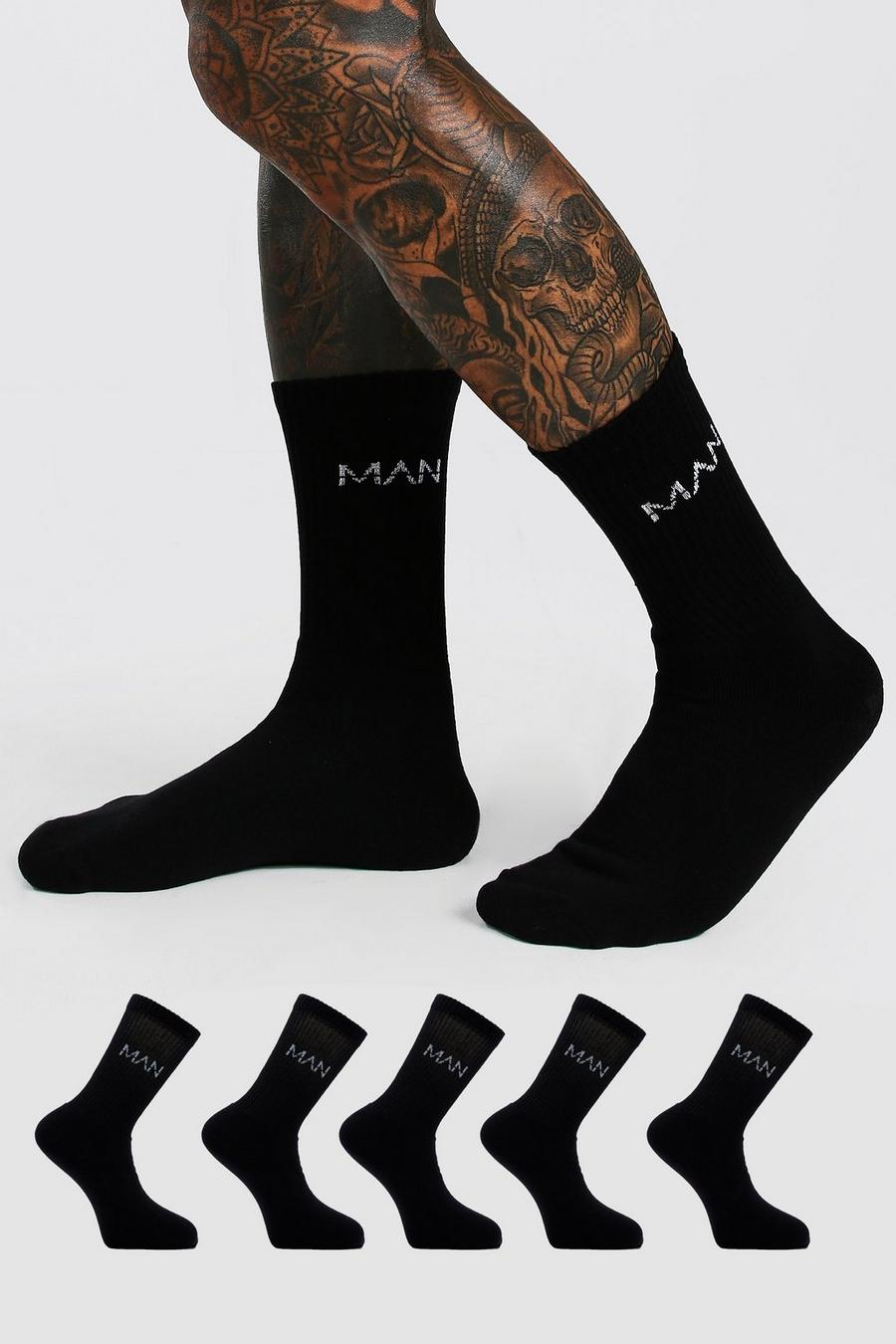 Confezione da 5 paia di calzini sportivi tinta unita con logo MAN con linea, Nero image number 1
