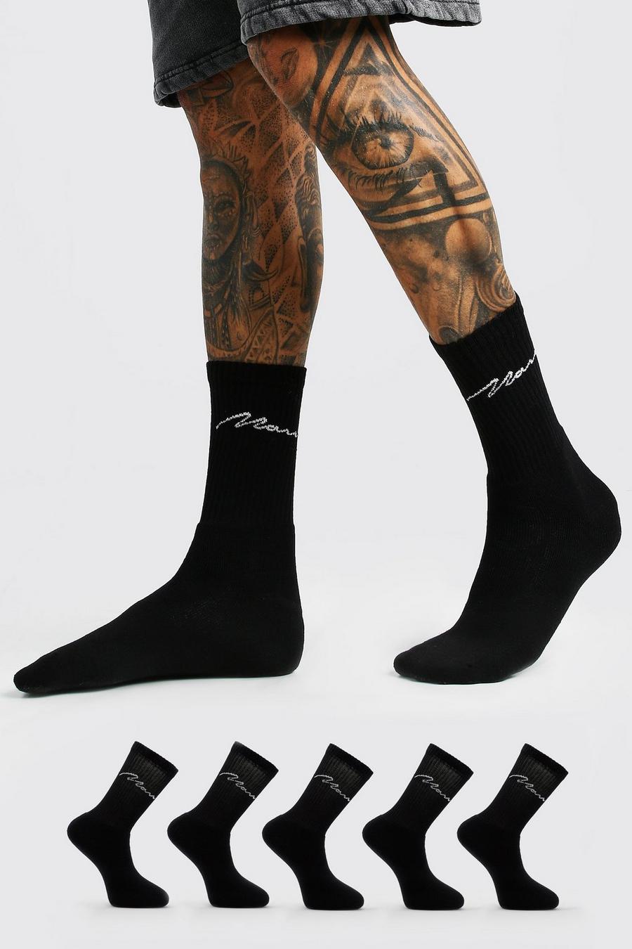 Confezione da 5 paia di calzini sportivi tinta unita con logo MAN con linea, Nero image number 1