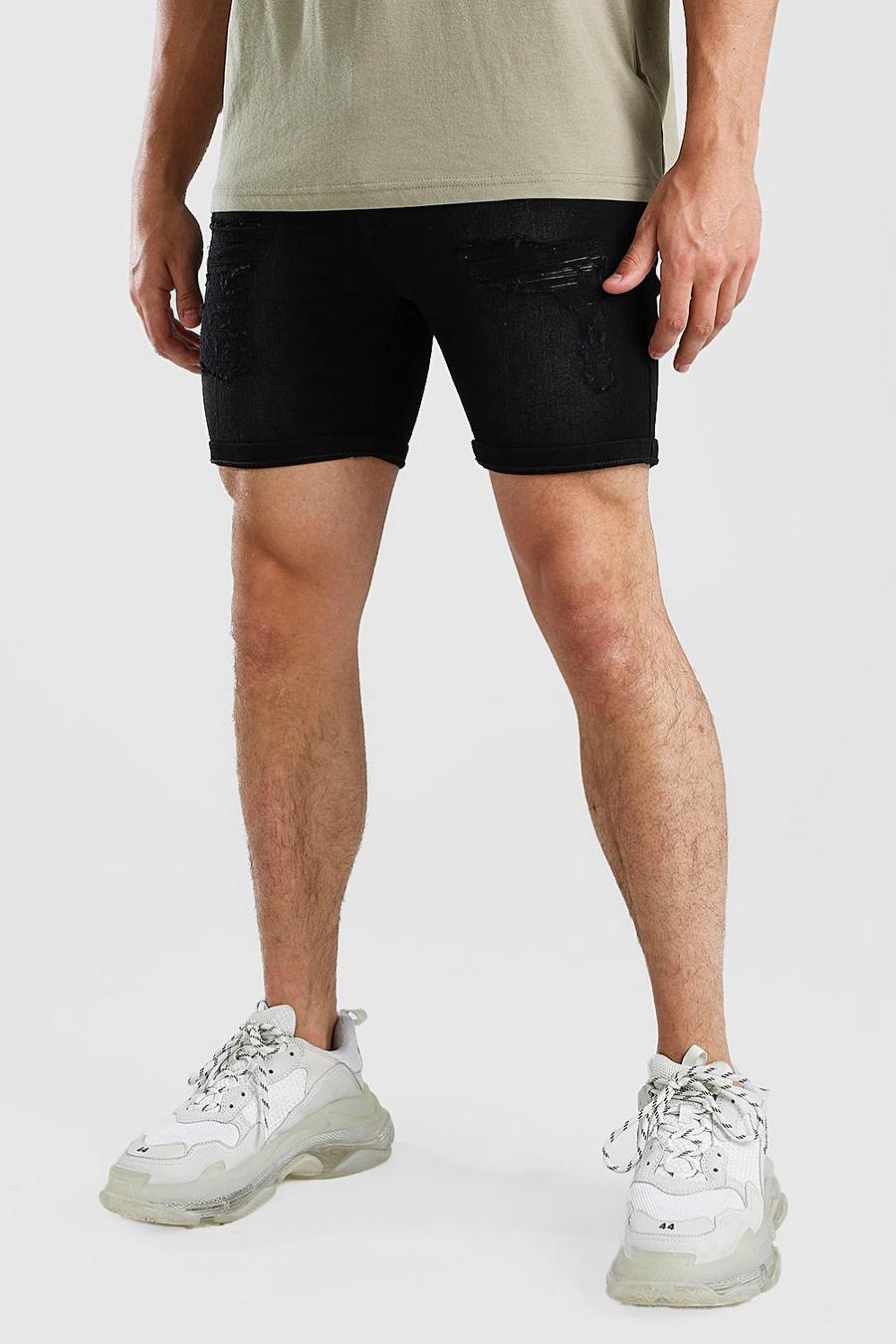 Pantaloncini denim taglio skinny con effetto consumato, Nero effetto lavato image number 1