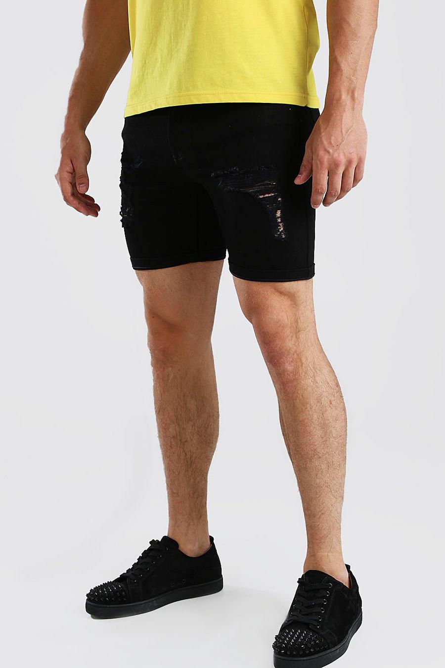 Pantaloncini denim taglio skinny con effetto consumato, Nero image number 1