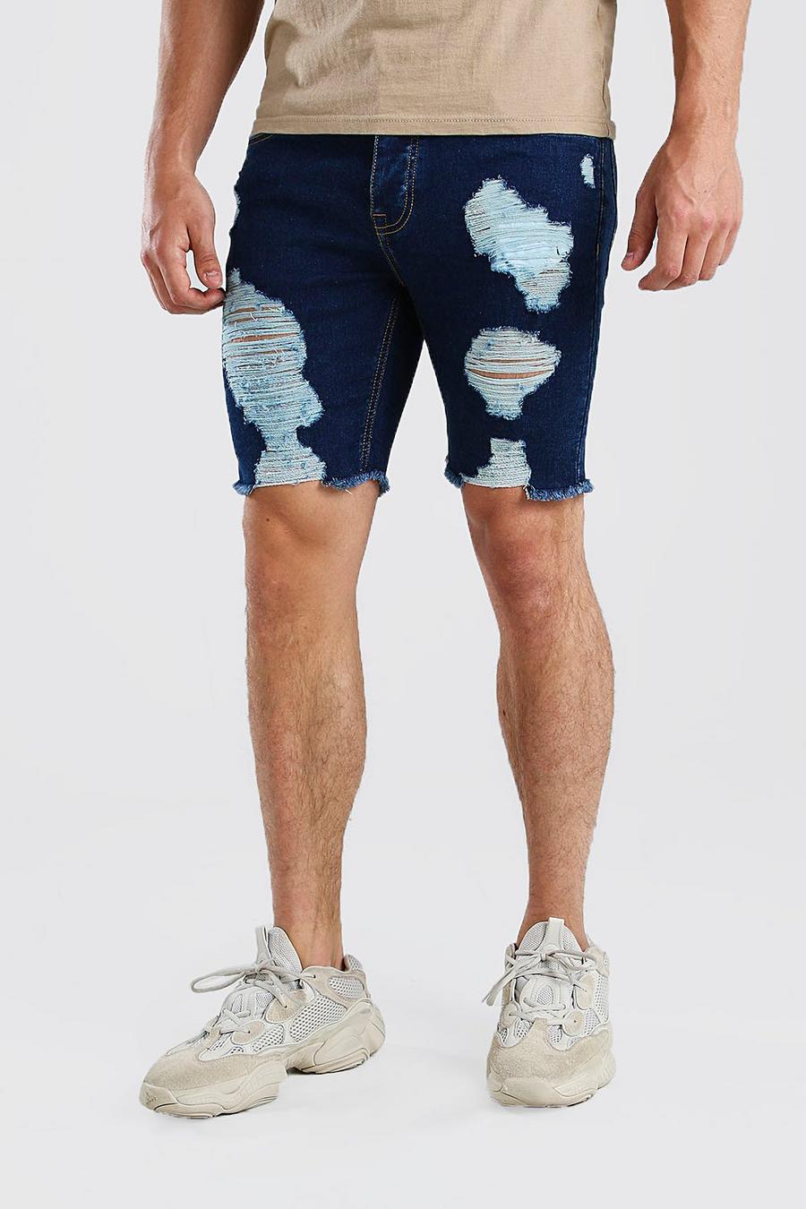 Washed blue Skinny Fit Long Distressed Denim Shorts image number 1