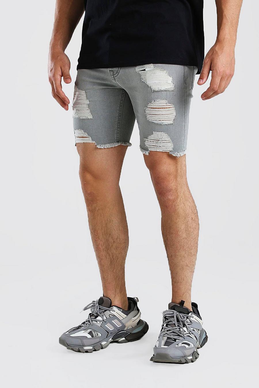 Charcoal Super Skinny Denim Shorts With All Over Rips image number 1