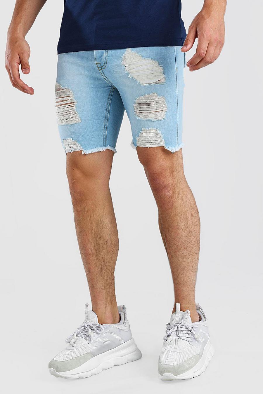 Ice blue Super Skinny All Over Rip Jean Shorts image number 1