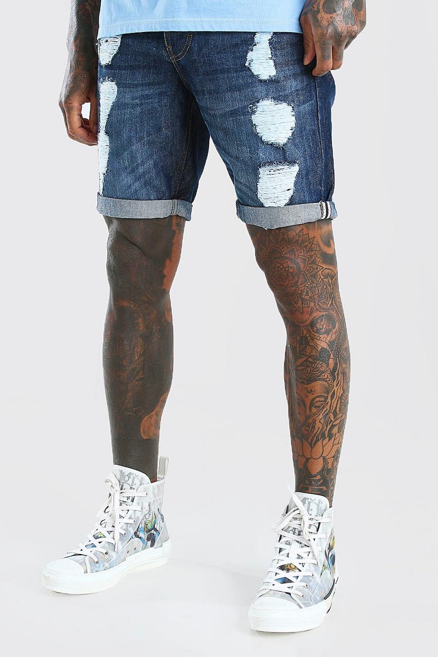 Mid blue Skinny Fit Jean Short With Abrasions image number 1