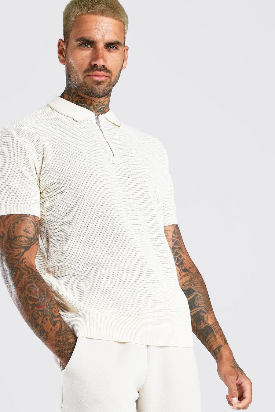 Cream Short Sleeve Knitted Half Zip Polo with Tipping image number 1