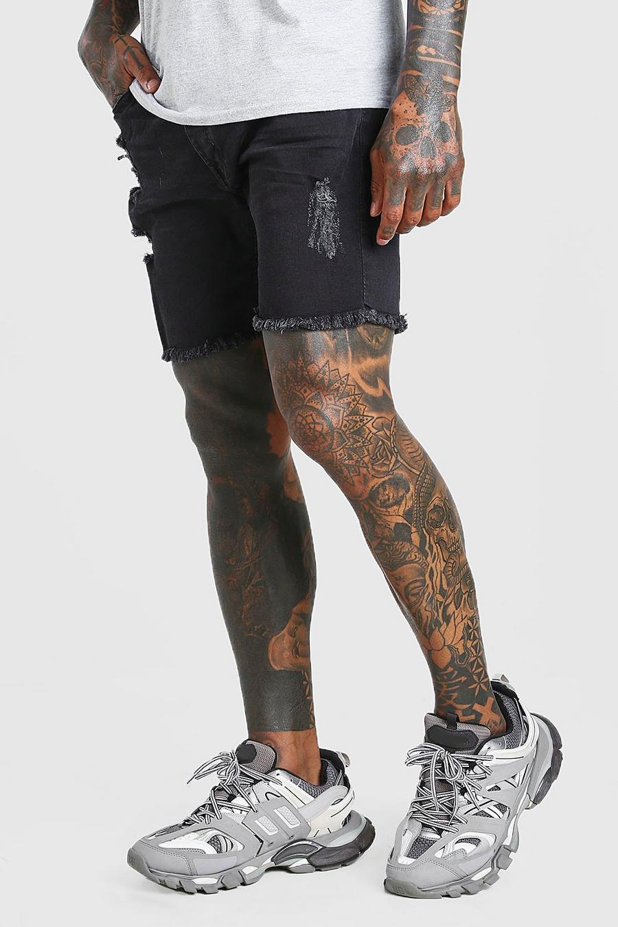 Charcoal Skinny Fit Denim Shorts With Frayed Hem image number 1