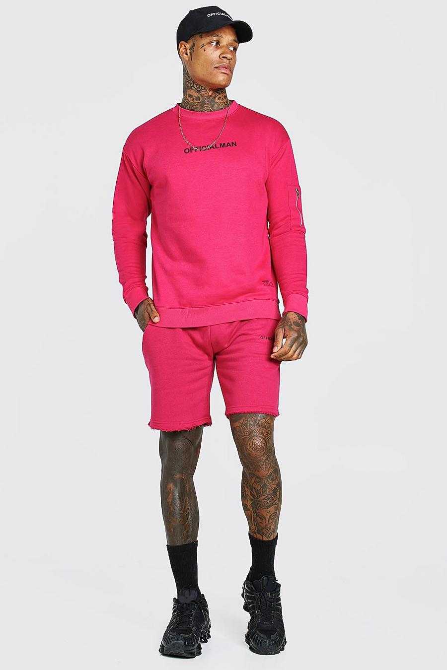 Pink Official Träningsoverall med sweatshirt och shorts i utilitystil image number 1