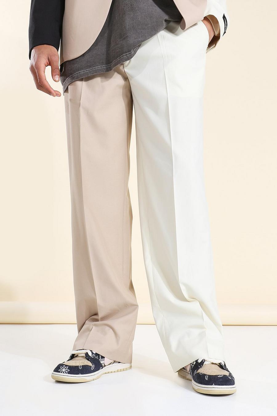 חום מכנסי חליפה קולור בלוק בגזרה רחבה עם שסע במכפלת image number 1