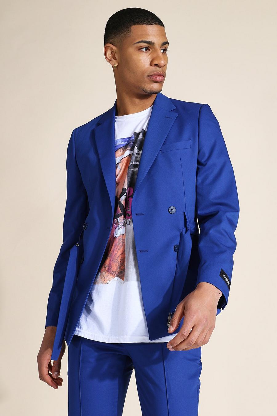 Zweireihige Anzugjacke in Skinny-Fit mit Gürtel, Marineblau image number 1