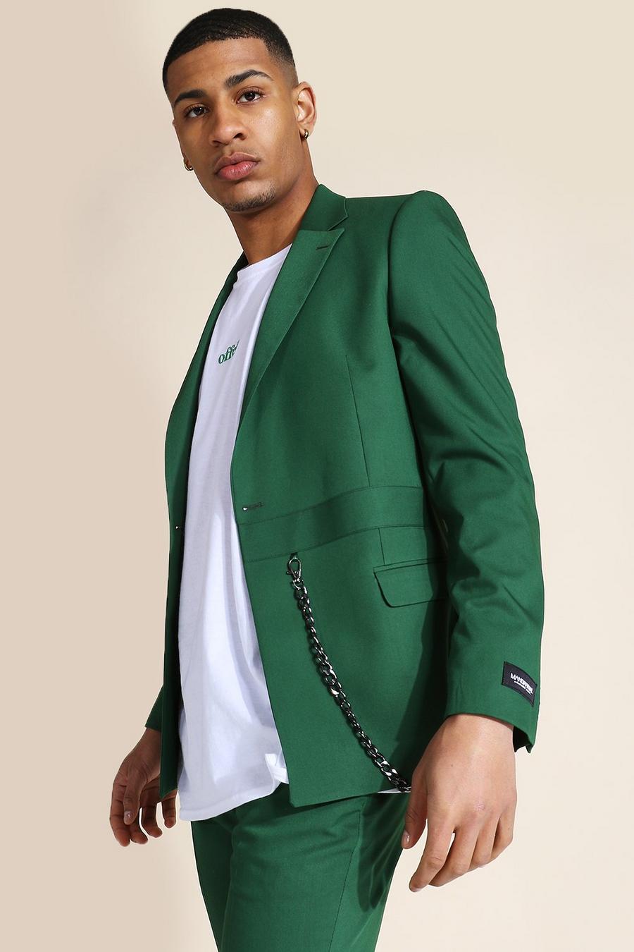 Chaqueta ajustada de traje con botonadura doble y cadena, Verde oscuro gerde image number 1