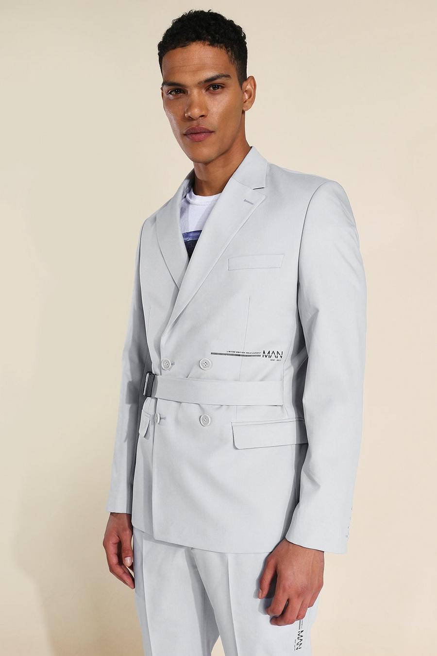 אפור ז'קט חליפה בגזרה צרה עם דשים כפולים וחגורה image number 1