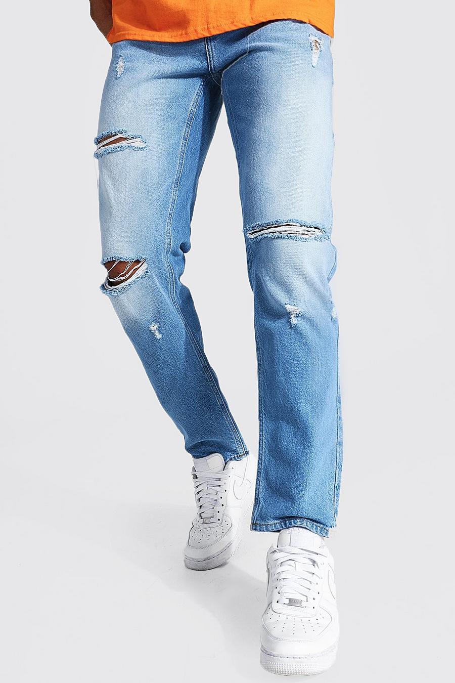 Mid blue Raka jeans med slitna knän image number 1