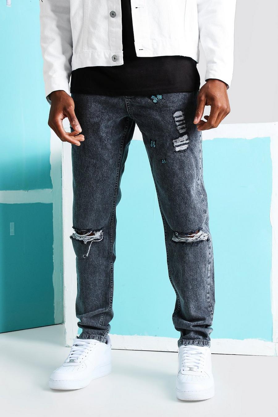 Charcoal Skinny jeans med slitna knän och fjärilar image number 1