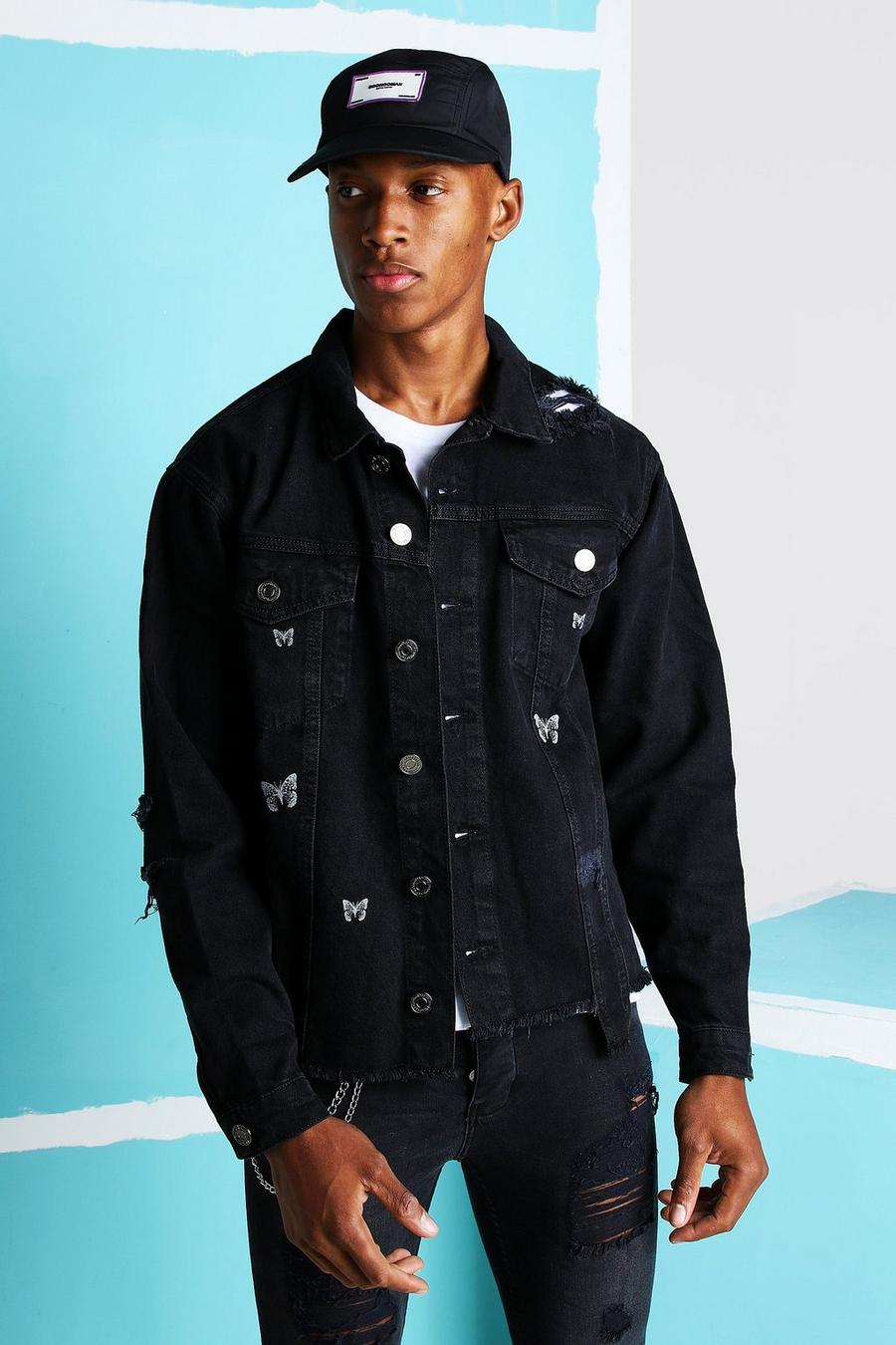 Black Loose Fit Denim Jacket With Butterfly Print image number 1