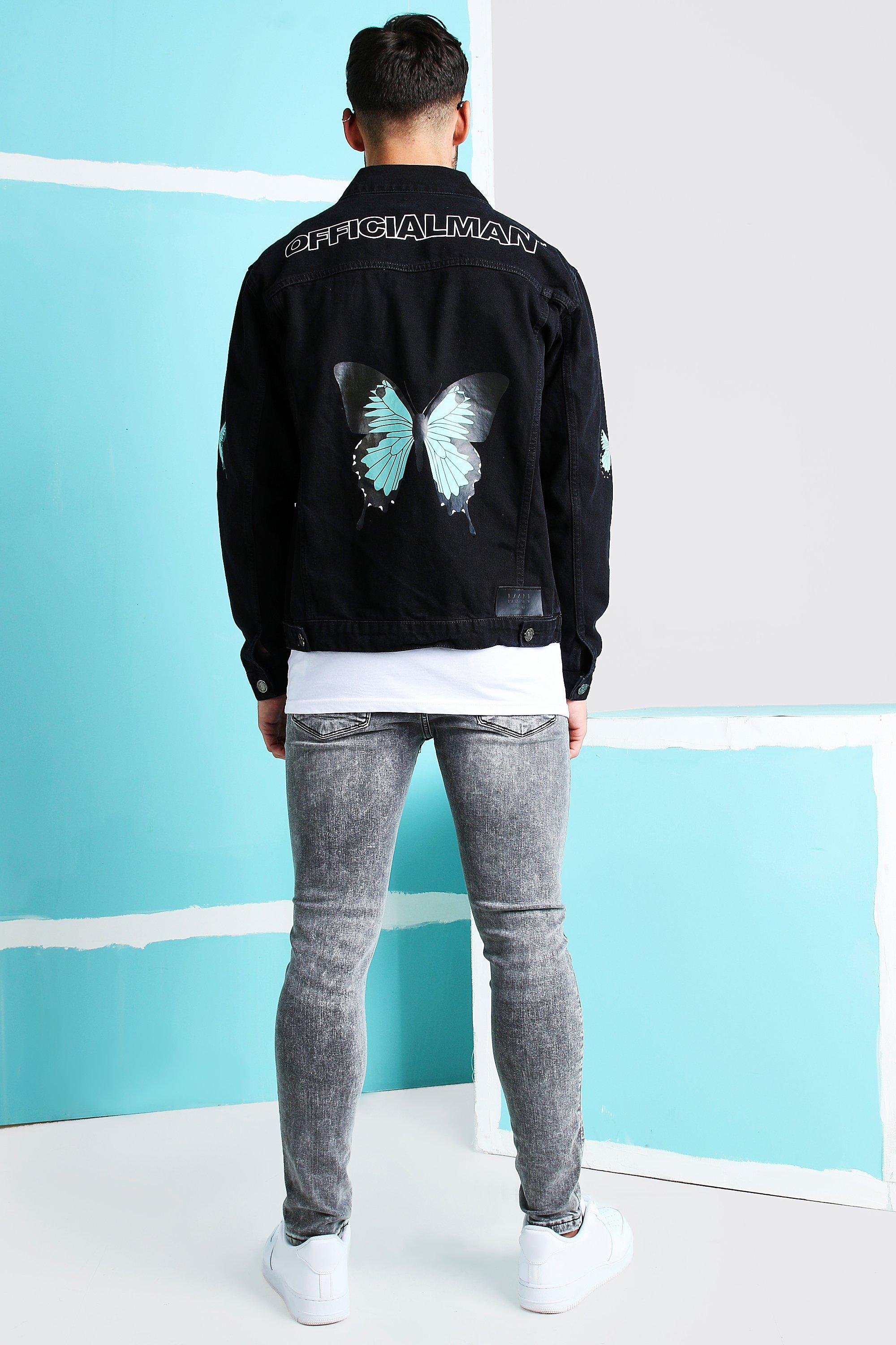 Loose Fit Butterfly Back Print Denim Jacket | boohoo Loose Fit Butterfly Back Print Denim Jacket | boohoo