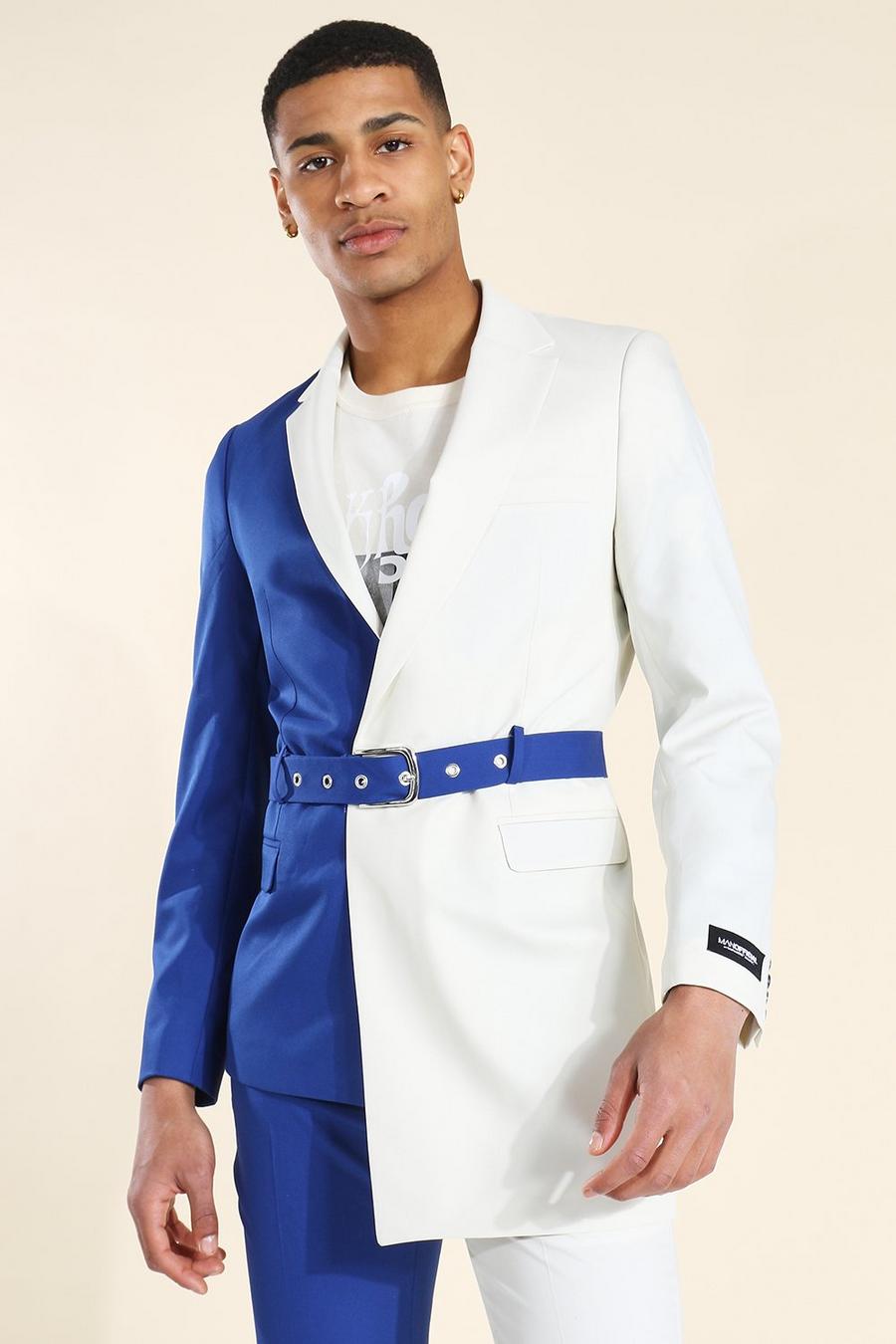 נייבי ז'קט חליפה סקיני קולור בלוק עם חגורה image number 1