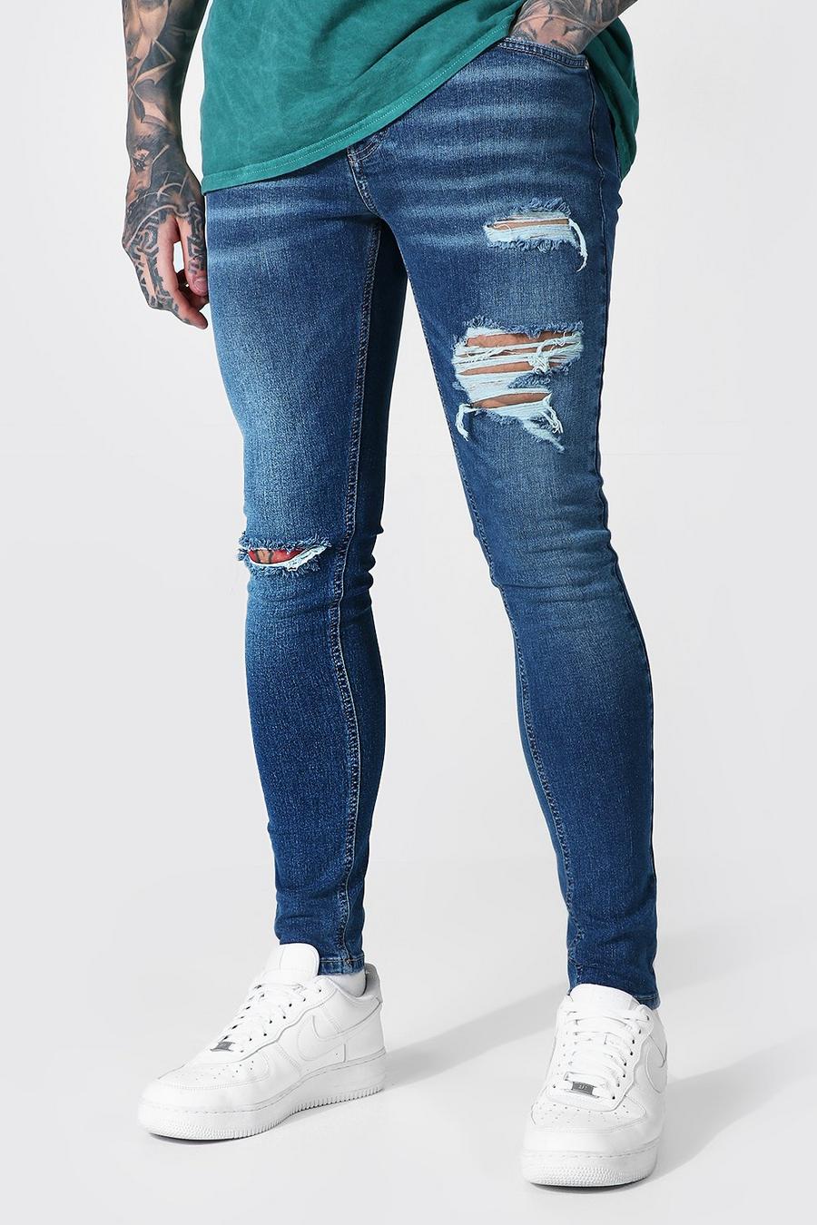 Jeans super skinny effetto consumato con strappi al ginocchio, Azzurro vintage image number 1