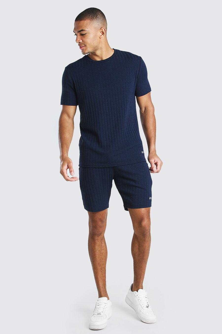 Gestreiftes Strick-Set mit T-Shirt und Shorts mit Lasche, Marineblau image number 1