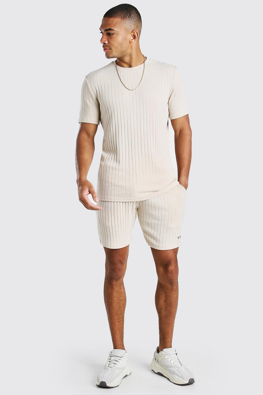Taupe Stripe Knitted T-Shirt And Short Set With Tab image number 1
