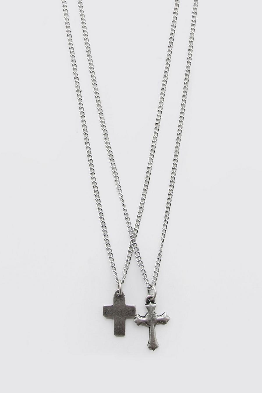 Silver Double Layer Cross Pendant Necklace image number 1