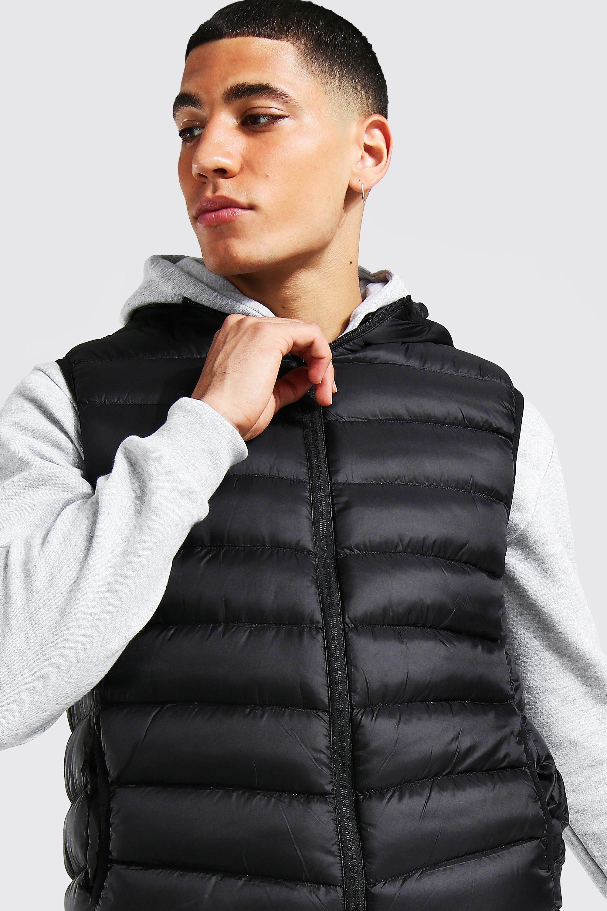 boohoo Mens Quilted Zip Through Jacket with Hood - Black L