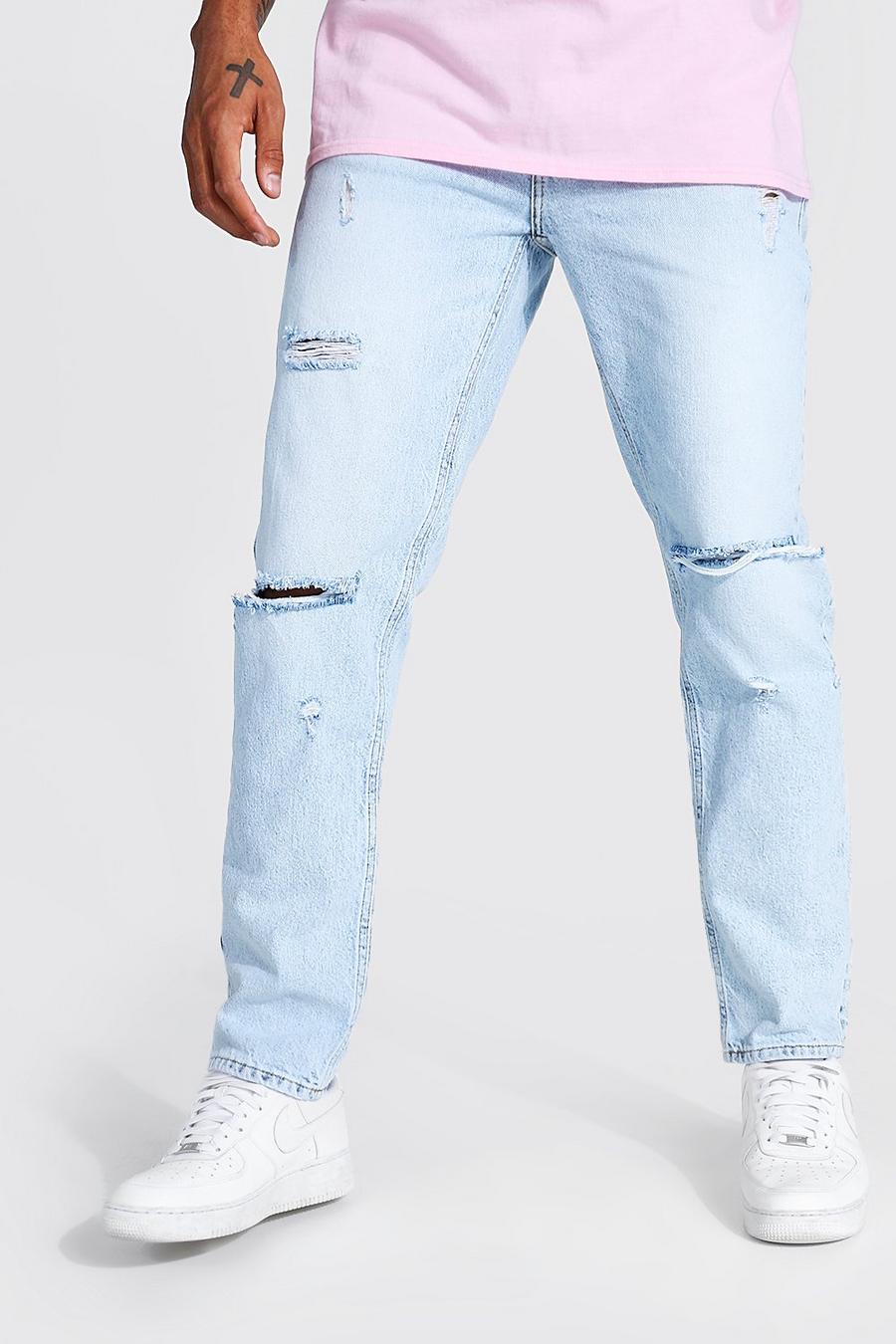 Jeans a gamba dritta con strappi al ginocchio, Blu ghiaccio image number 1