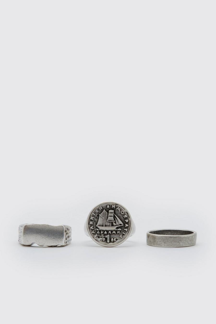 Pack de 3 anillos tipo sello texturizados, Plateado silver