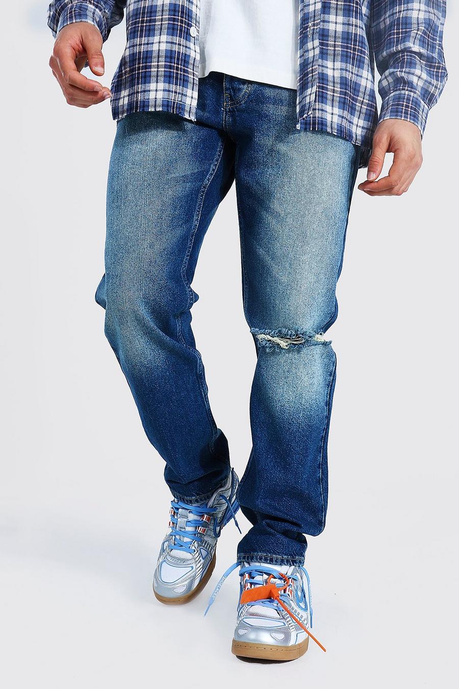כחול וינטג' ג'ינס בגזרה ישרה עם קרעים בברך image number 1