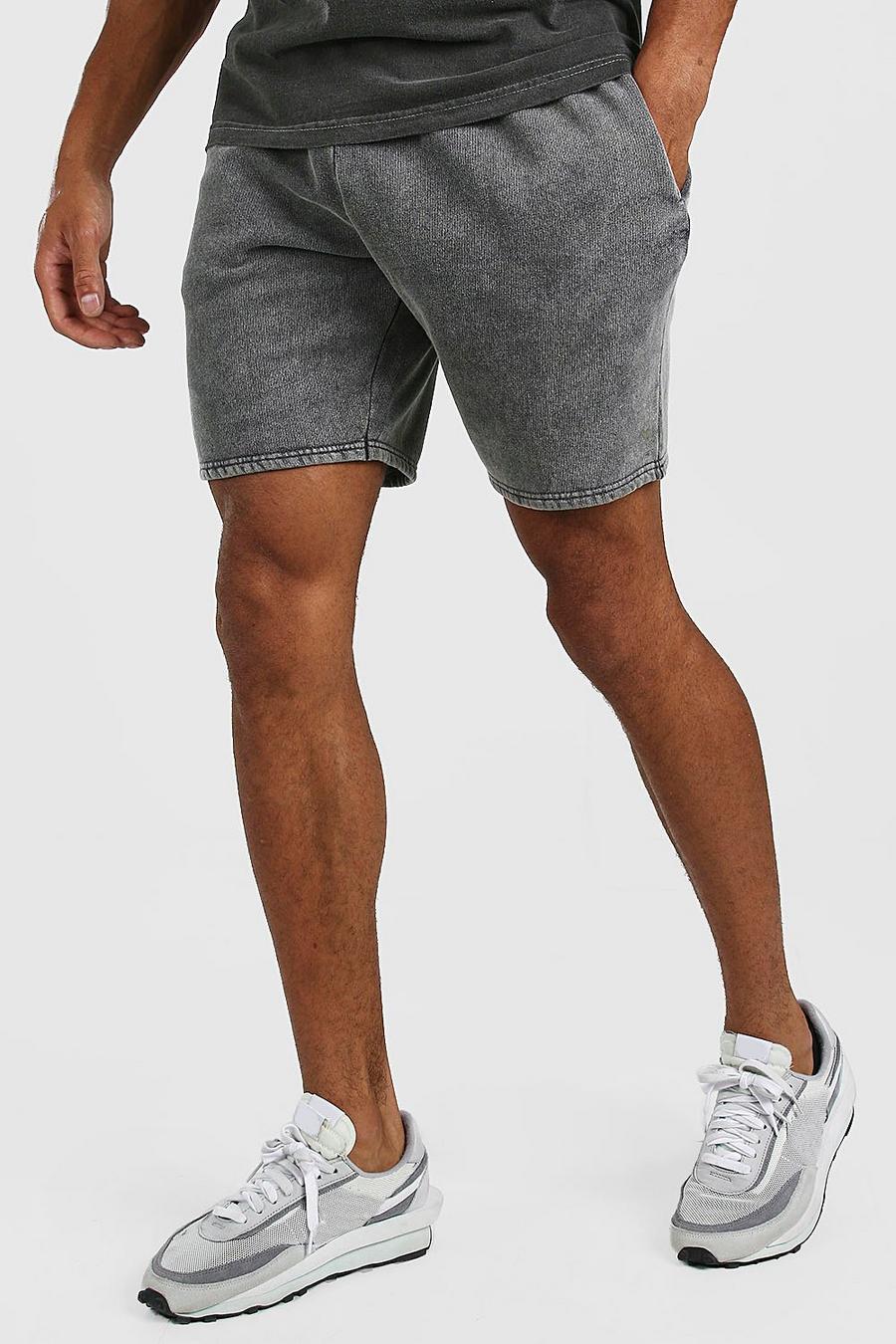 Dark grey Middellange Acid Wash Gebleekte Jersey Shorts image number 1