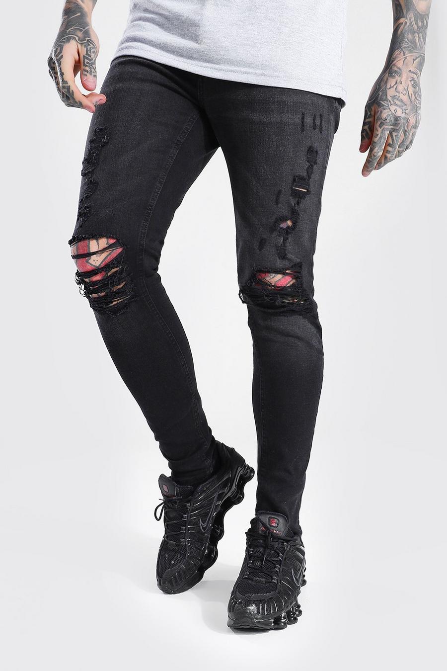שחור אמיתי סקיני ג'ינס מבד נמתח עם קרעים בברכיים image number 1
