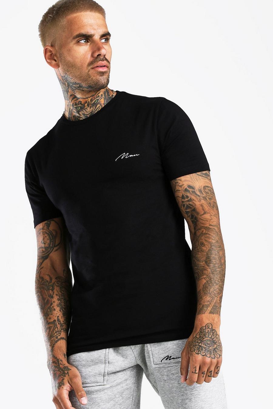 Zwart MAN Signature geborduurd muscle fit T-shirt image number 1