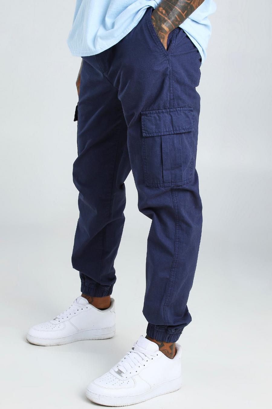 Navy Elastic Waist Slim Fit Cargo Pants image number 1