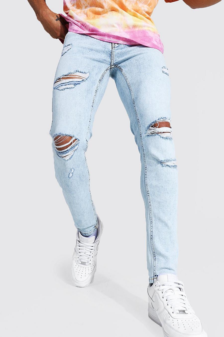 Ice blue Skinny jeans med slitage och lagningar image number 1