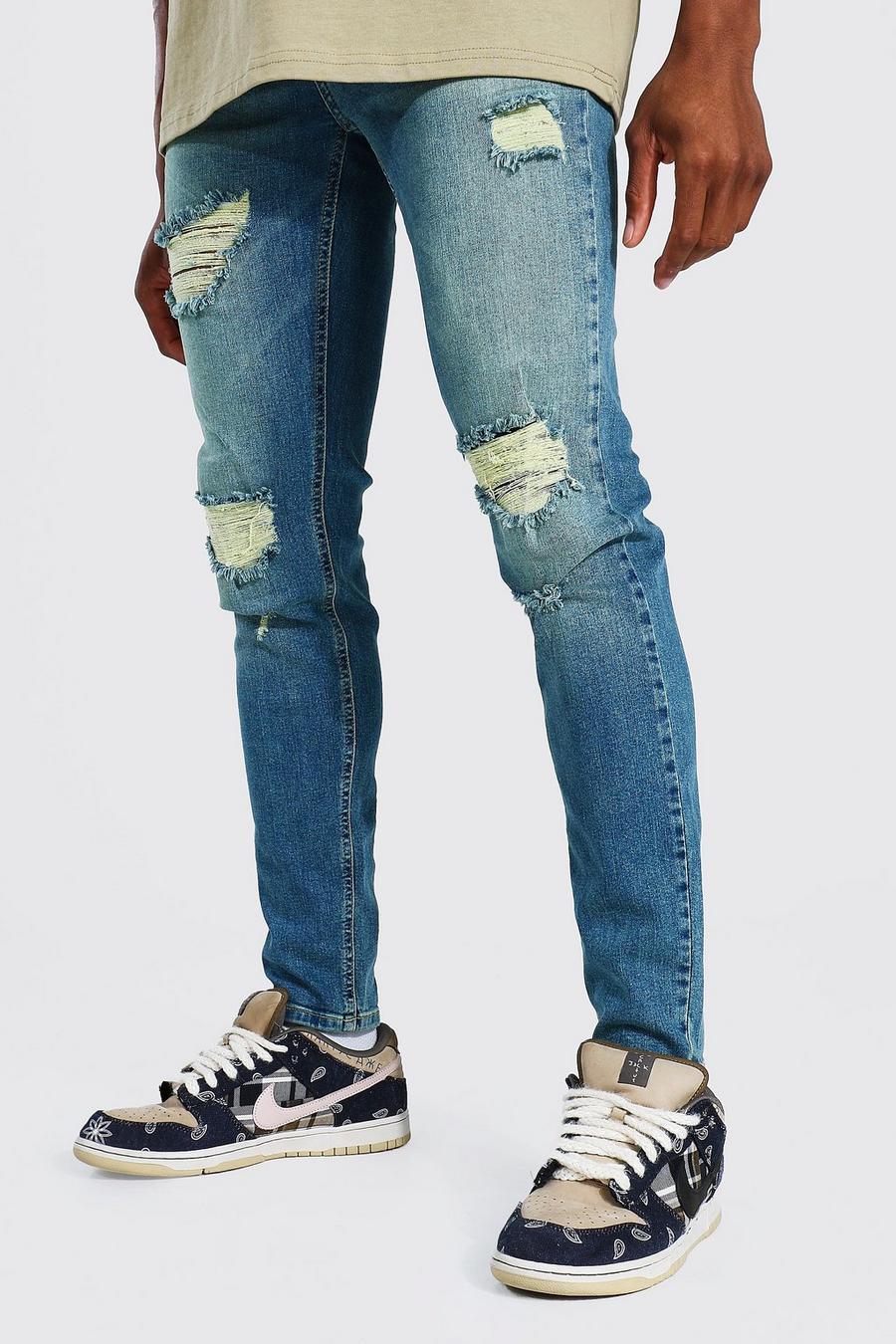 Skinny Stretch Jeans mit Rissen und Flicken, Vintage-blau image number 1
