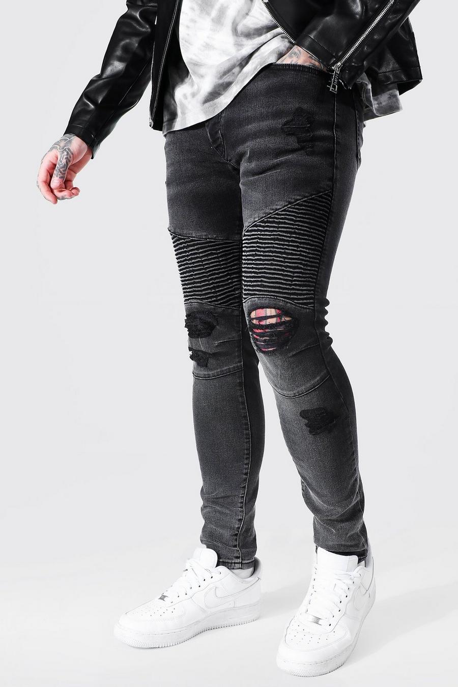 Skinny Stretch Ombre Biker-Jeans mit Riss am Knie, Washed black image number 1