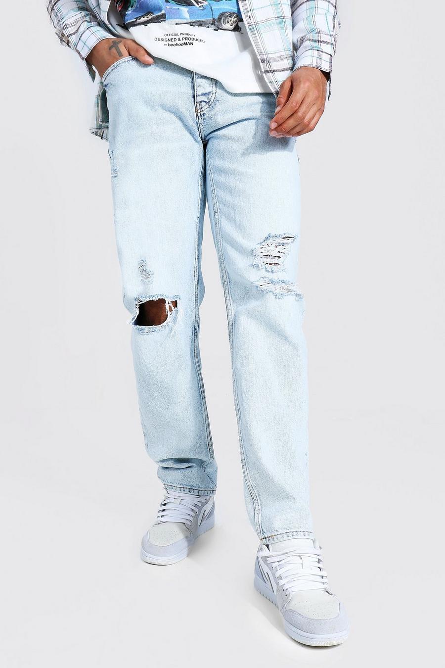 Ice blue Jeans med slitna knän och ledig passform image number 1